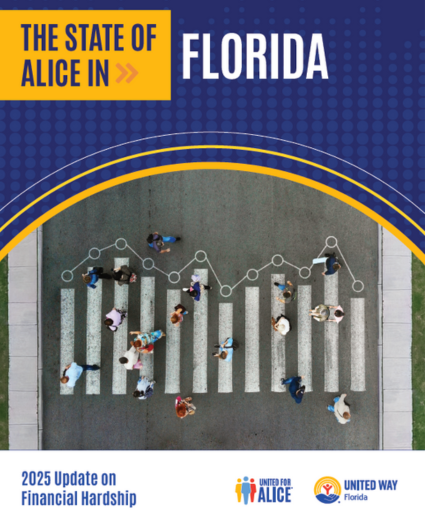 Cover of The State of ALICE in Florida report showing an aerial view of people walking through a crosswalk