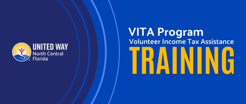 Graphic with blue background and dark blue circle with UWNCFL logo announcing VITA Volunteer Training