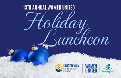 Three blue Christmas ornaments nestled in artificial snow against a dark blue background with text overlay announcing the 13th annual Women United Holiday Luncheon.