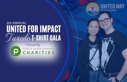 A couple in tuxedo t-shirts stands in front of a blue backdrop framed by red, yellow, and blue balloons. A dark blue circle graphic is overlayed on the left side announcing the 5th annual United for Impact Tuxedo T-shirt Gala presented by Publix Supermarket Charities.
