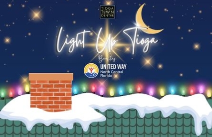 Illustration of a snow capped rooftop with chimney and holiday lights. The words Light Up Tioga are written in script above with the night sky and logos for Tioga Town Center and United Way North Central Florida.