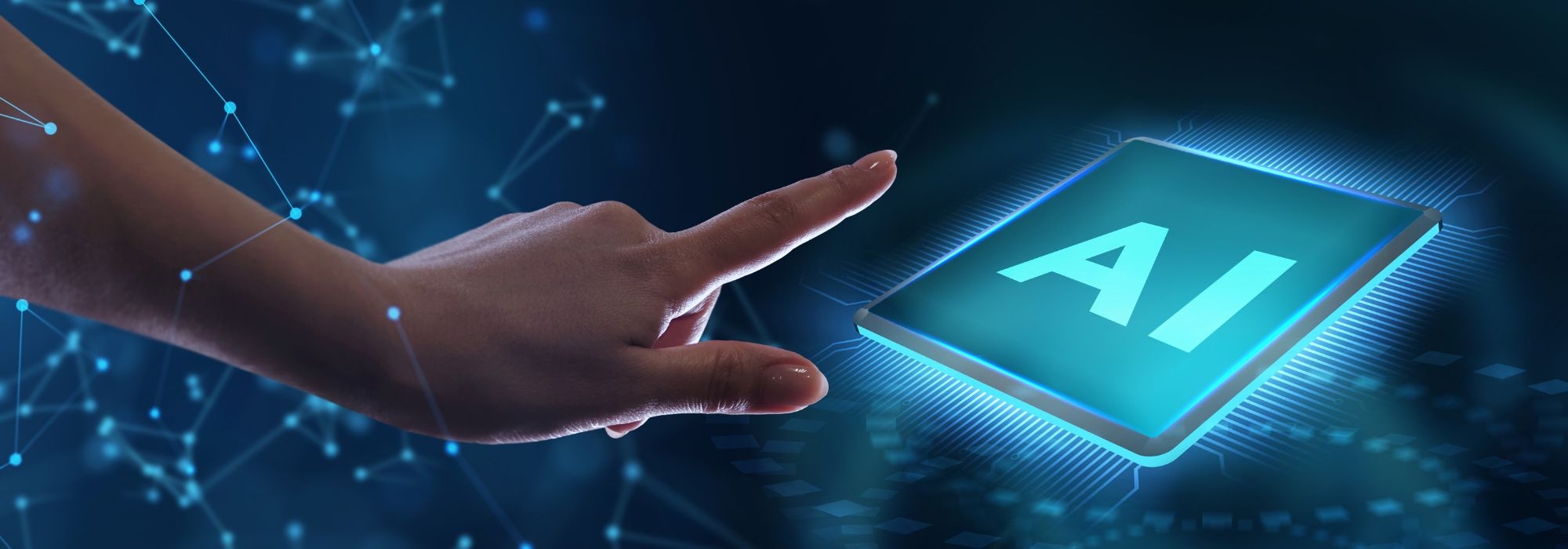 A finger reaching towards a glowing blue square with the letters "AI" on it, set against a dark blue background with abstract network connections.