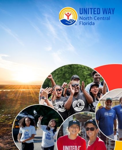 Wide landscape of the sun rising over wetlands. A series of photos featuring United Way volunteers is overlayed in the bottom right corner.
