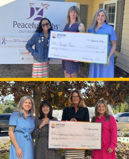 Two photos stacked vertically with the top showing three women holding a giant check for Peaceful Paths and the bottom photo showing four women holding a check to Partnership for Strong Families.